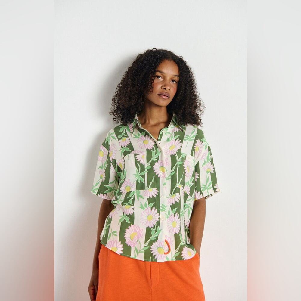 NWT American Vintage green pink yellow cream button down blouse sz small S
 b66